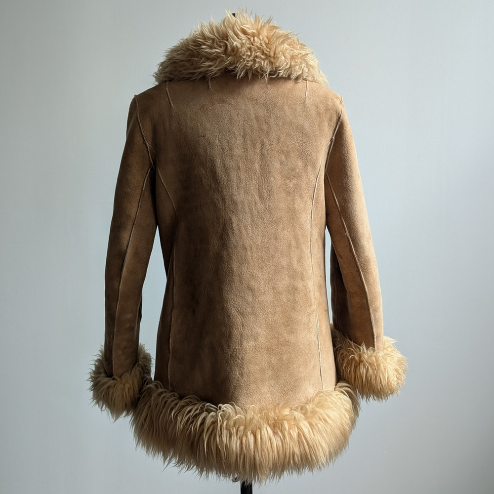 70s Vintage Brown Leather Penny Lane Coat Tan Suede Fur Groovy Boho Afghan Coat - Picture 3 of 10